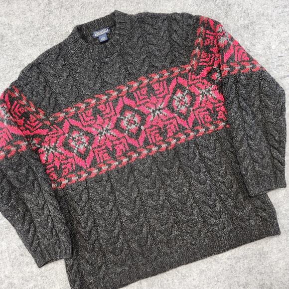 Lands End Mens M Medium 100% Wool Cableknit Fair Isle Nordic Crewneck Sweater - Picture 2 of 13